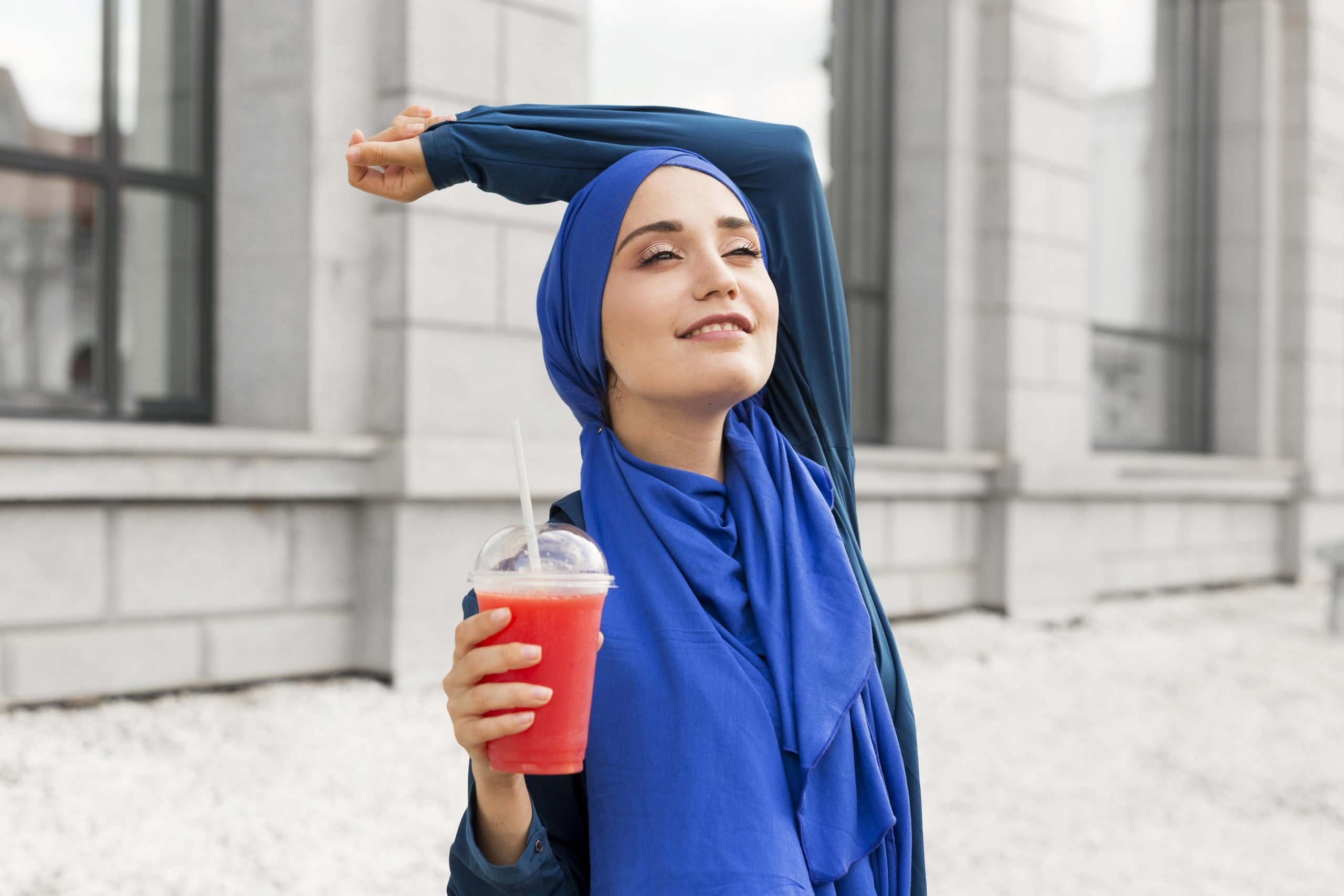 girl feels fresh after drinking juice